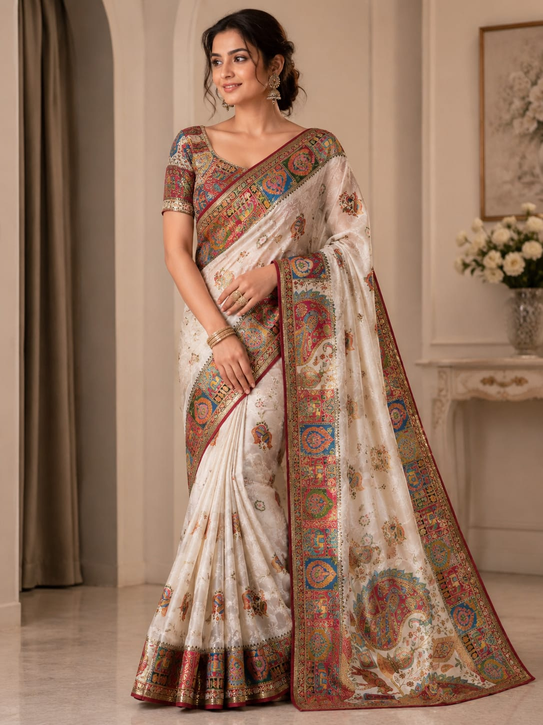 Elegant ivory Indian saree