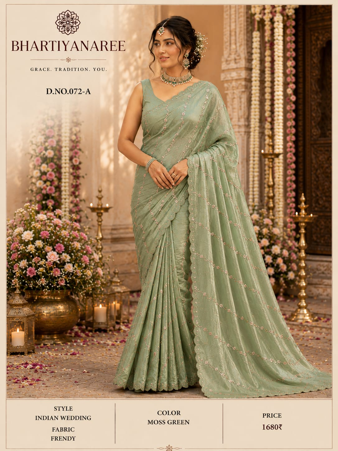 Moss green embellished saree
